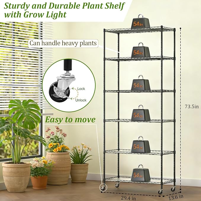 Plant Shelf with Grow Light, DIY 6-Tier Plant Stand with Grow Light, Adjustable Rack and Wheels, 8 Pack 24" 192W T8 Full Spectrum Grow Lamp for Indoor Plants, Seed Starting, Vegetable, 29"x13.5"x73.5"