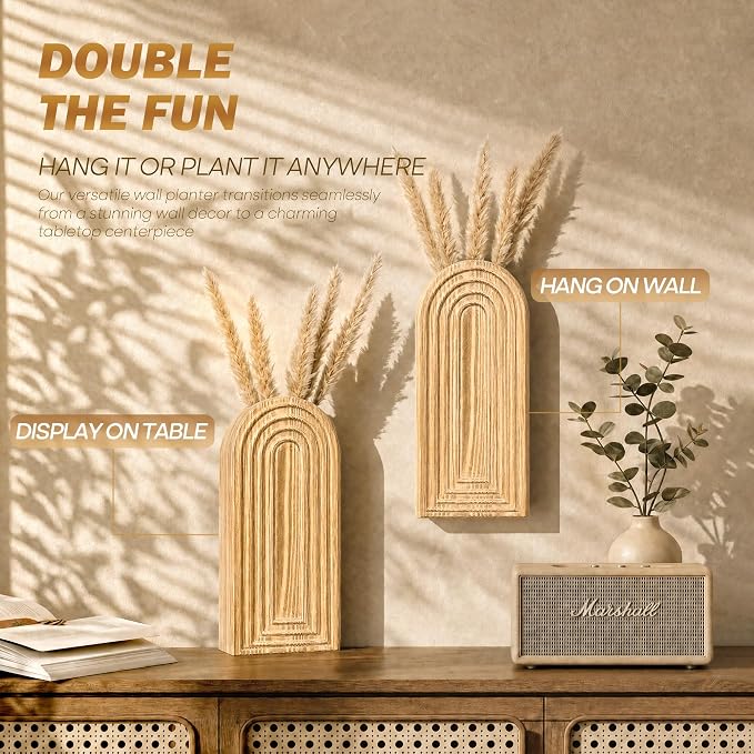 EOSAHR Pine Wall Vases Set of 2 for Boho Decor - Wall Planter for Indoor Plants & Fake Hanging Plants - Ideal Wood Vase for Living Room, Kitchen & Bedroom (Warm Yellow)