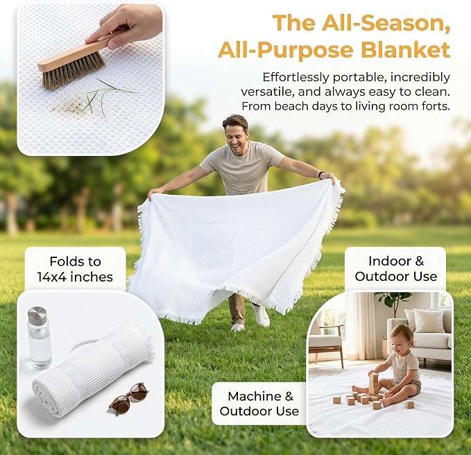 70"x 70" Picnic Blanket Extra Large,Layer Outdoor Blanket for 5 to 7 Adults,Camping Grass Lawn Park Accessories Cute Couple Gifts Ideas Wedding Registry for Park, Beach (White)