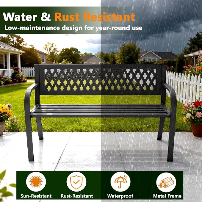 Outdoor Bench 2 Pack, 47" Garden Bench with Plastic Backrest | 2-Person Outdoor Seating Park Bench for Porch, Patio, Lawn, Deck and Entryway, Black