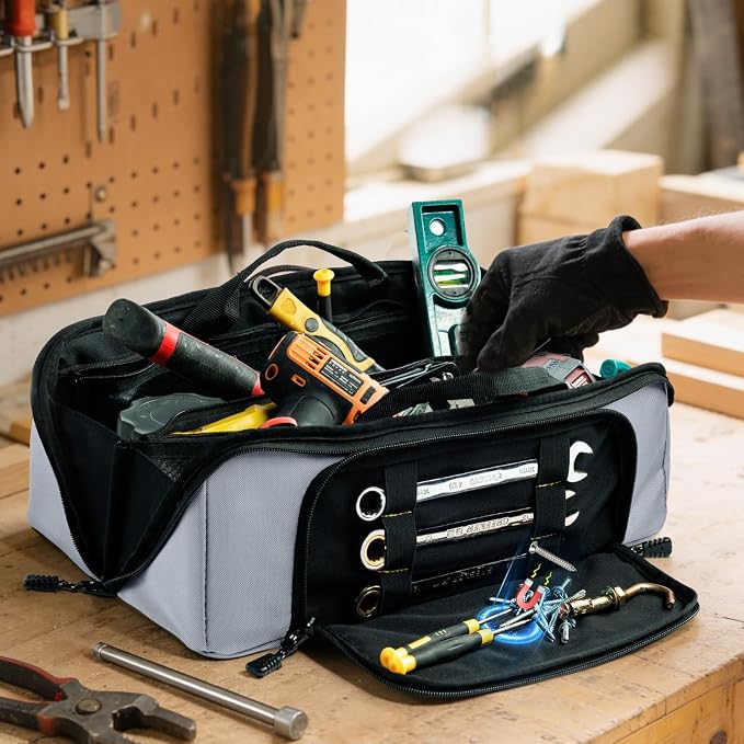 Tool Bag Organizer for Electrician & Technician, Portable Wide-Open Tool Tote with Multi Compartments, Heavy Duty Tool Storage Bag for HVAC, Plumbing, Garage & Home Repair Tools, Handyman
