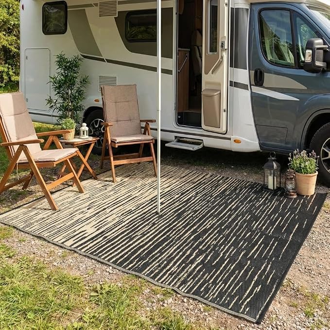 Garvee 6x9 RV Outdoor Rug Waterproof, Modern Striped Outdoor Plastic Straw Rug, Reversible UV Resistant Abstract Outside Rugs for Picnic Backyard Deck Balcony Porch Beach, Black Coffee