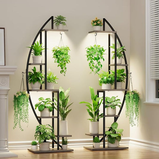 BACEKOLL Plant Stand Indoor with Grow Lights, 6 Tiered Tall Plant Shelf, 63" Metal Plant Stand for Indoor Plants Multiple, Half-Moon Plant Rack Display Shelf, 2 Pcs Plant Holder for Living Room, Grey