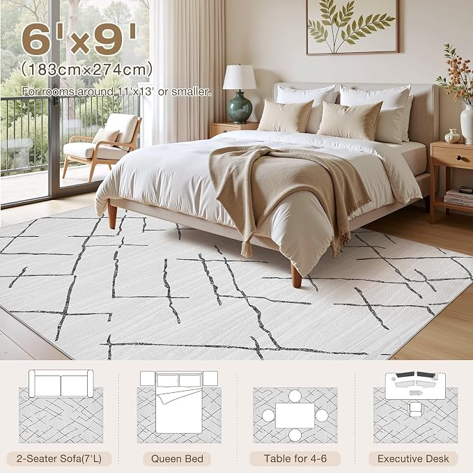 kakania Washable 6x9 Area Rug for Living Room: Boho Geometry Home Decor | Soft Stain Resistant, Low-Pile, Non-Slip, Pet & Kid Friendly, Thin Rug for Bedroom/Dining Room/Kids Dorm - Light Grey