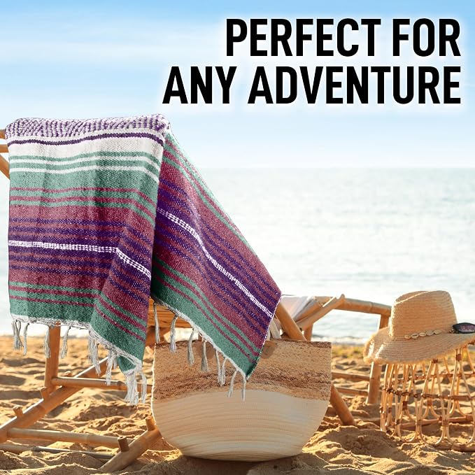 Hydration Nation Authentic Extra Large Mexican Blanket (70"x50") - Handwoven Yoga, Serape- Artisanal Falsa, Beach, Camping, Picnic, Outdoor - Dawn