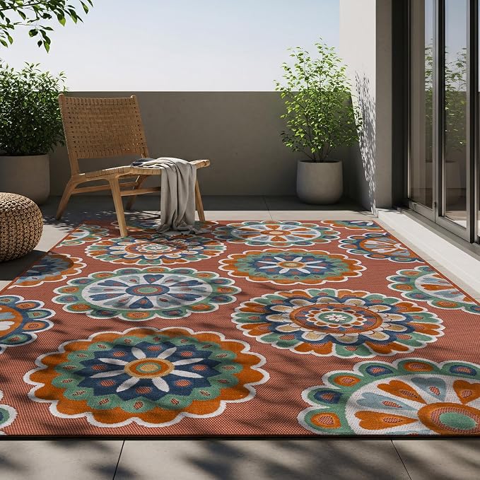 Outdoor Rug 9x12 Washable Area Rugs Indoor Outdoor Carpets Orange Bohemian Medallion Non Shedding Waterproof Easy Clean Patio Deck Porch Living Room Bedroom Garden RV (9 X 12 Orange)