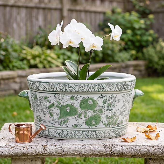 LemonRoad Green and White Ceramic Planter Pot 14 x 7.7 x 6.1 Inches Porcelain Vintage Floral Oval Cachepot Vase Chinoiserie Decor for Indoor Plants Succulents Home((Peony Style)