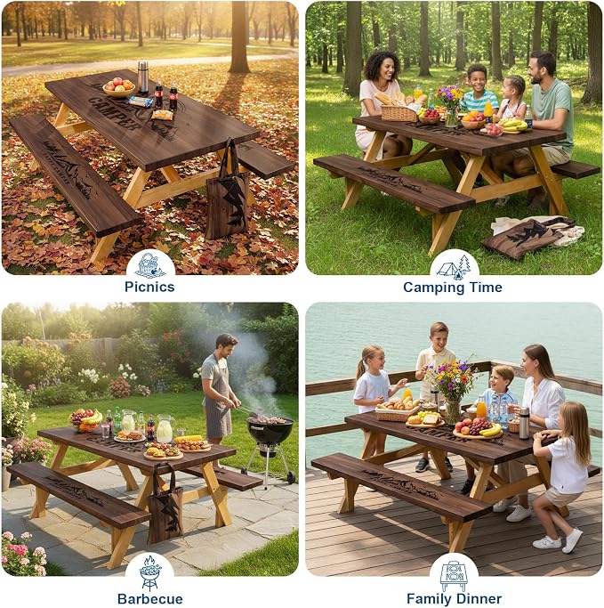 Dntorx Picnic Table Cover with Bench Covers, 72 in, Brown | Waterproof, Windproof, Elastic Edges Fitted, Rectangle Tables and Seats, RV Gear Campers
