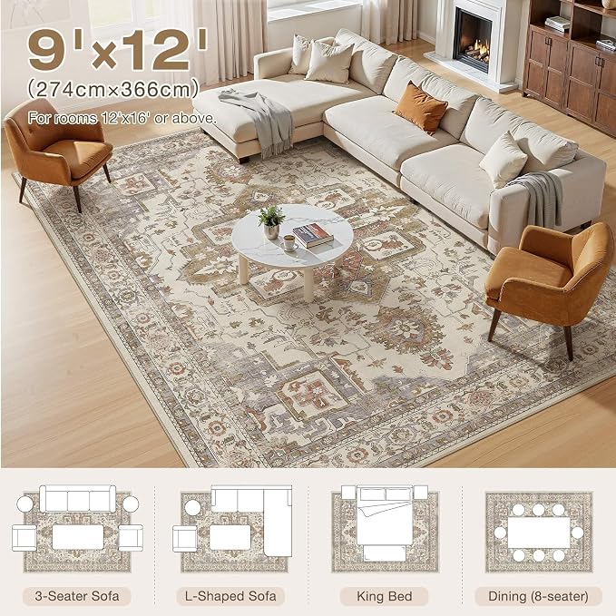 Vintage Washable 9x12 Area Rug for Living Room, Golden Taupe | Soft Low Pile Rug with Non-Slip Backing, Stain Resistant for Bedroom or Dining Room, Kid & Pet Friendly