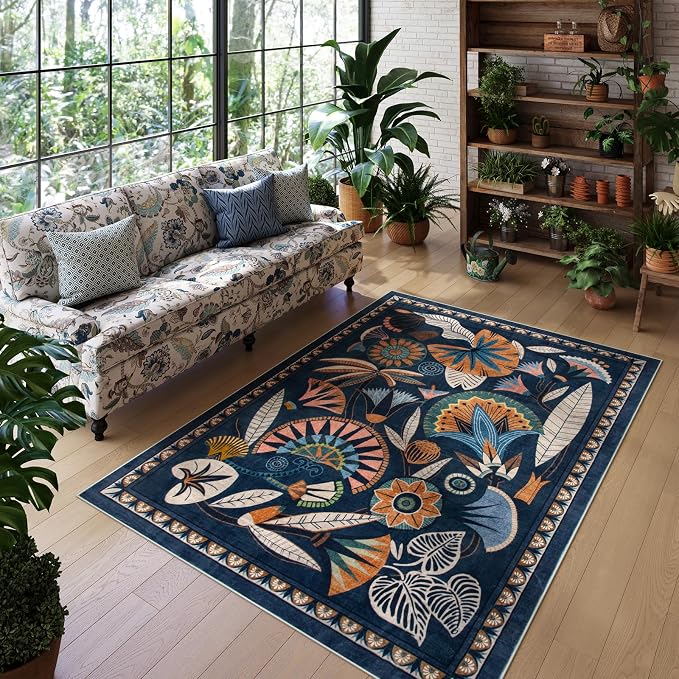 Zealude Egypt Floral Washable 5x7 Area Rug for Living Room, Large Boho Bedroom Dining Room Rugs for Under Table, Vintage Non Slip Soft Throw Carpet for Playroom Office Apartment (Dark Blue, 5 x 7)