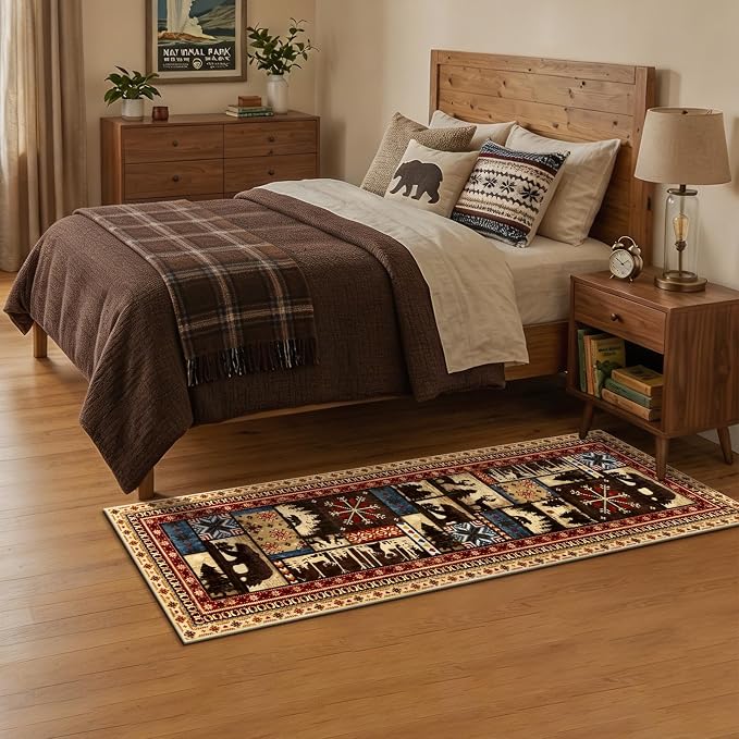 LOKHOM 2x6 Hallway Runner Rug, Non Slip Washable Western Cabin Bear Rugs | Bear Pattern, Low Pile Soft Kitchen Rug, Vintage Wildlife Accent Carpet Runner, For Laundry Bedroom Entryway Nursery