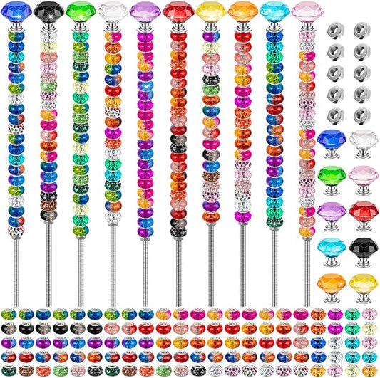 230 Pcs Beaded Garden Stakes, 12IN Fairy Wand Garden Stake Beads Kits with 200 Colorful Assortment Round Large Hole Beads with 10 Crystal Stopper Top,10 Threaded Rod and 10 Nuts for Outdoor Decoration