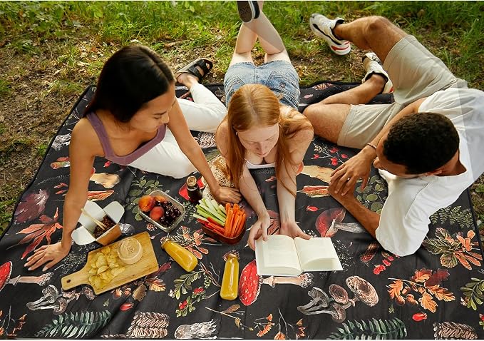 Picnic Blankets Extra Large Waterproof, 80"x 80"Fall Mushroom Beach Mat with Corner Pockets Windproof Sandproof Foldable Portable 3-Layer Mat Darker for Wet Grass,Parks,Music Festival,Camping,Concerts