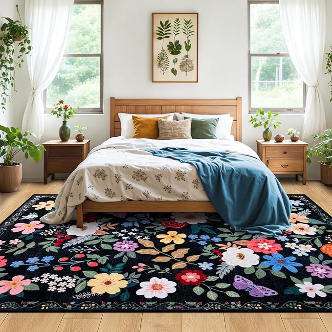 PLHXFR Area Rug Living Room: 4x6 Floral Washable Boho Soft Carpet Black | For Bedroom Dining Room Farmhouse Nursery Hallway,Vintage Floral,Machine washable,Non Slip,Stain Resistant,Large Indoor