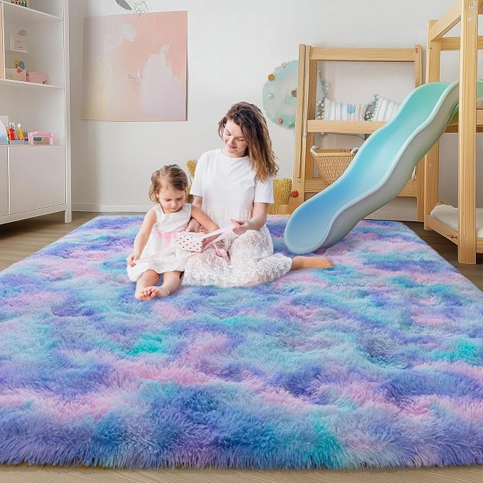 Fluffy Shag Rugs for Living Room 6x9 Purple Rainbow Washable | Upgrade Non-slip, 6 x 9 Large Big Shaggy Area Rug for Girls Bedroom Nursery, High Pile Plush Carpet for Kids Room Dorm