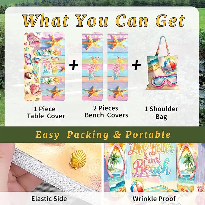 Picnic Table Cover with Bench Covers Elastic,Fitted Table Cloths for Rectangle Tables 6 Foot Washable,Waterproof Tablecloth for Outdoor Camping Essentials (Colorful Beach, 6 Foot)