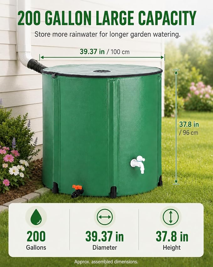200 Gallon Collapsible Rain Barrel, Rain Water Collection Barrel System Kit, Collapsible Water Tank with 2 Spigots and Overflow Kit, Portable Rain Water Catcher for Garden, Green (2 Pack)
