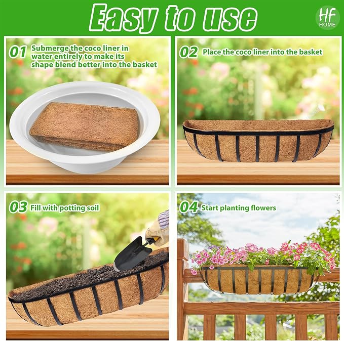 HFHOME 2 Pcs 24" Railing Planter Box with Horse Trough Coco Liners, Black Window Boxes Metal Hanging Flower Planters Baskets for Indoor, Outdoor, Balcony, Porch, Fence, Patio, and Lawn