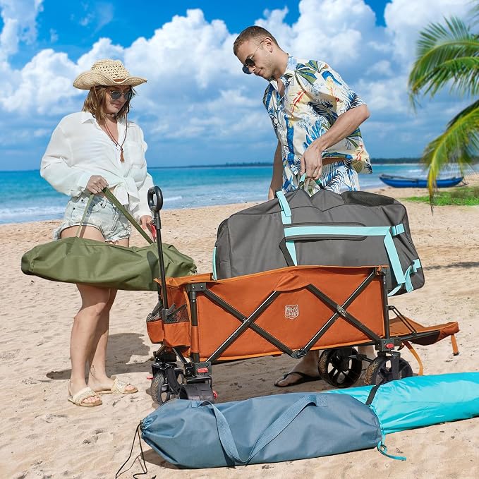 Timber Ridge 47" L Collapsible Wagon with Tailgate & Brake, 300 lbs Heavy Duty Beach Wagon with All-Terrain Big Wheels, 250L Foldable Utility Cart for Sand Camping Sports Shopping, Orange