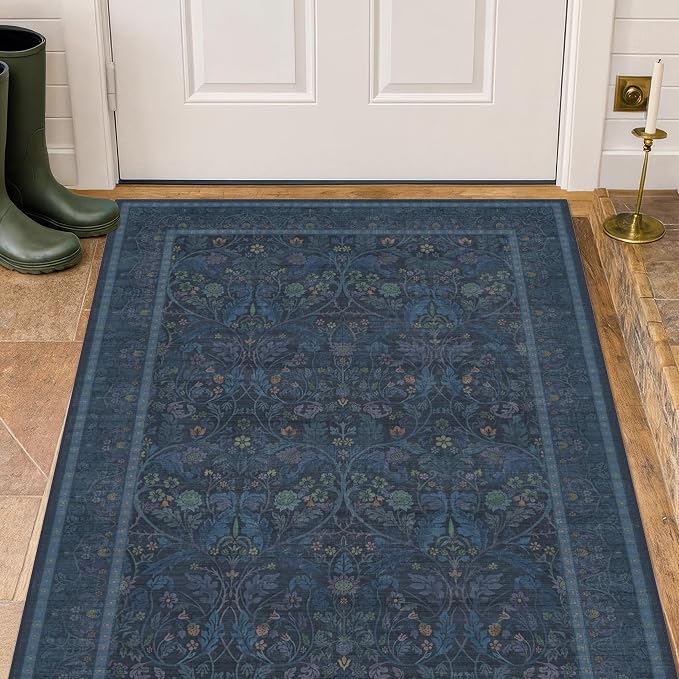 3x4 Oriental Rug for Entryway Indoor, Soft Washable Carpet for Bedroom Beside Bed, Kitchen Rugs Non Slip, Low Pile Stain Resistant Flower Carpet (Navy Blue)