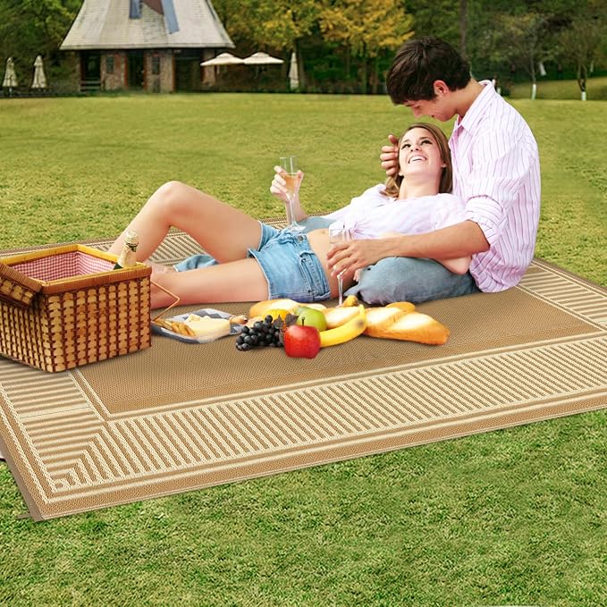 Garvee Outdoor Rug 9x18 Reversible Plastic Straw Patio Rug Border Beige | Reversible, Waterproof, Foldable, Easy Clean, Lightweight Floor Cover for Backyard Camping Porch RV Beach Balcony Deck Picnic