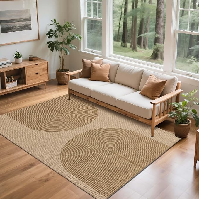 Easy Jute Rug 5x7 Outdoor: Natural Area Rugs for Patio Linen-Look Fabric Durable - Washable Carpet for Living Room Bedroom - Geometric Arch Pattern