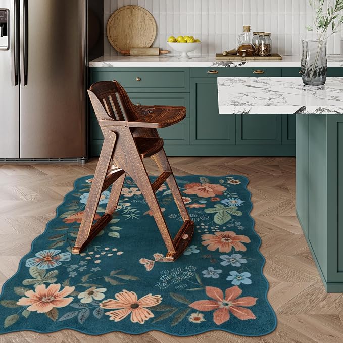 Lahome Floral Washable Rug, 3x5 Rug Soft Bedroom Rugs for Entryway Dorm | Non Slip Ultra-Thin Boho Rugs for Living Room Throw Carpet for Nursery Entrance Flore, NavyBlue