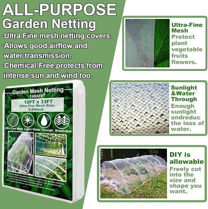 Garden Netting Kit for Raised Beds,10x33ft Ultra Fine Insect Netting Garden Bed Covers & 6 Sets of 8ft Fiberglass Garden Hoops (6 Sets Garden Hoops with White10x33ft Garden Netting)