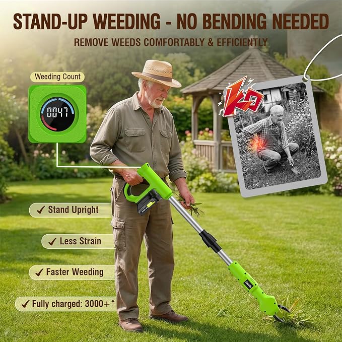 Ausic Electric Weed Puller Tool, No Bending Weed Remove Tool, Stand Up Weed Puller Tool with Long Handle, One Charge Pulls 3000+ Weeds Wacker, Garden Weed Picker Tool for Lawn, Yard and Farm