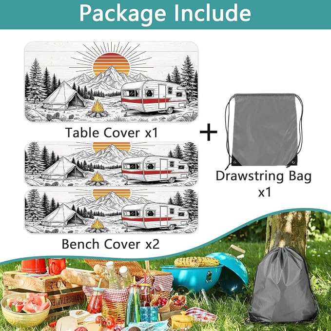 Picnic Table and Bench Covers Set Camping Essentials - Vintage Retro Mountain Camper Waterproof Windproof Tablecloth, Camping Accessories with Drawstring Bag Fits for Camping Picnic, 30X60 inch