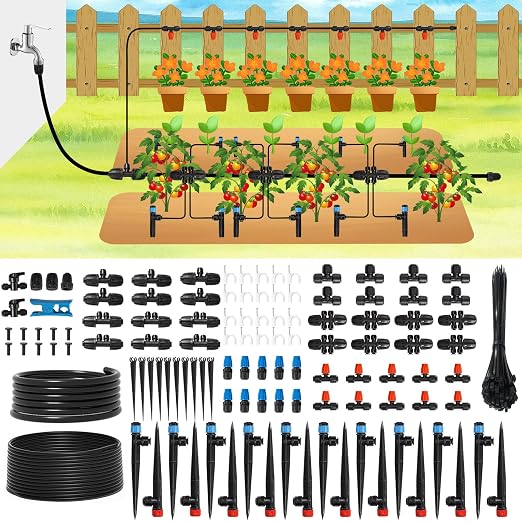Drip Irrigation Kit Automatic Watering System 247FT Misting Sprinkler DIY Devices with 1/4" & 1/2" Tubing Hose, Adjustable Nozzle Emitters, Quick Connectors for Greenhouse, Garden, Patio