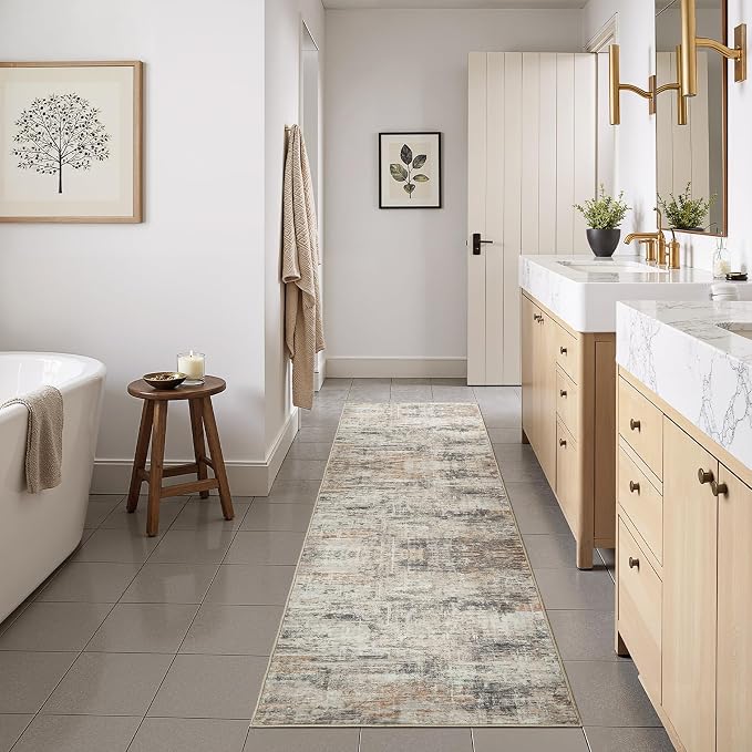 2X10 Area Rug for Hallways, Gold Abstract Washable Non-Slip Runner Rugs | Low Pile Runner Rugs, Soft Carpet for Kitchen Bathroom Bedroom Laundry, Stain Resistant Foldable Non-Shedding Distressed Rug
