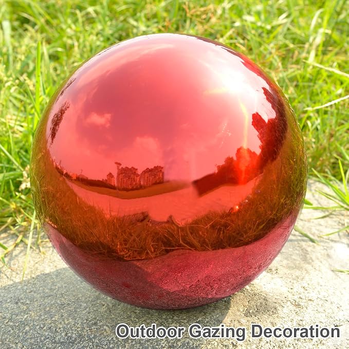 Gazing Ball Garden Mirror Outdoor - 10 Inch Outside Decorative Globe, Red | Metal Polished Reflective Sphere, Stainless Steel Hollow Decoration Ornament for Home Pond Swimming Pool Housewarming Gift