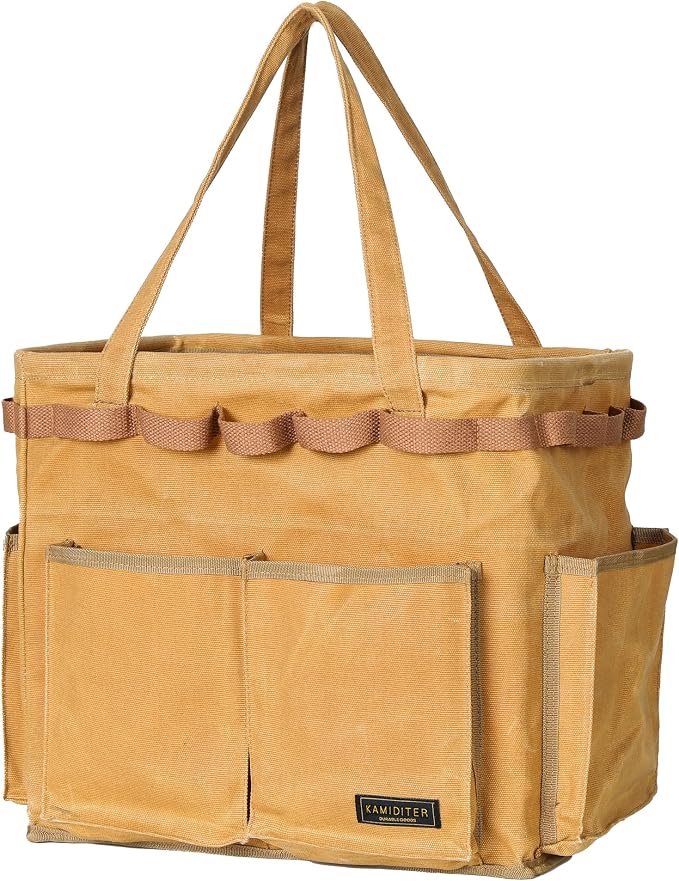 Water Resistant Gardening Tool Bag with Handles - 6 Pockets Utility Self-Standing Organizer for Camping/Garden/Car Storage, 14" x 13" x 10" | Khaki