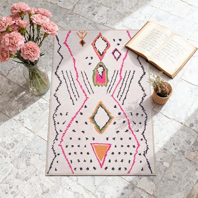 jinchan 2x3 Hot Nerd Rug Modern Boho Geometric Washable Entryway Rug，Beige | Abstract Pattern, Tribal Inspired, Diamond Accents, Washable, Soft Texture, Non-Slip, Low Pile, Kitchen, Bathroom