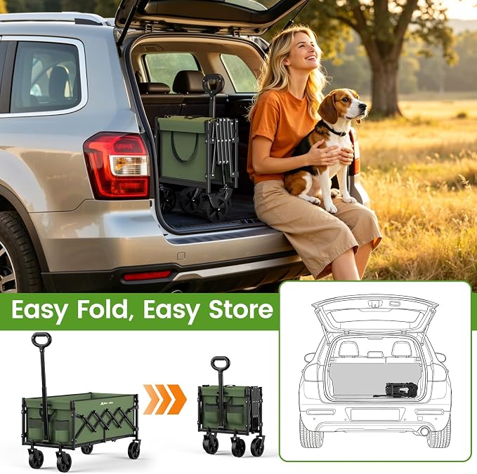 35'' Extra Long Collapsible Wagon with Wheels, 220 LBS Folding Wagon with 360° Swivel Wheels Adjustable Handle, Lightweight Portable Utility Cart for Grocery, Shopping, Garden, Sports, Camping, Green
