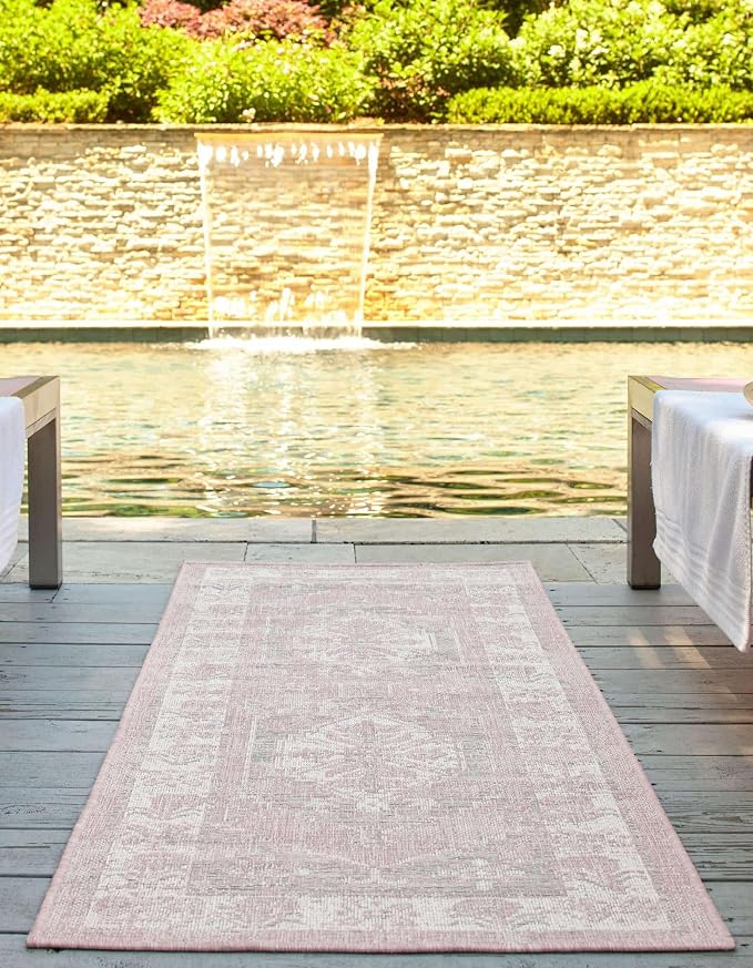 Unique Loom Outdoor Traditional Collection Area Rug - Valeria (2' x 6' 1" Runner, Pink/ Ivory)