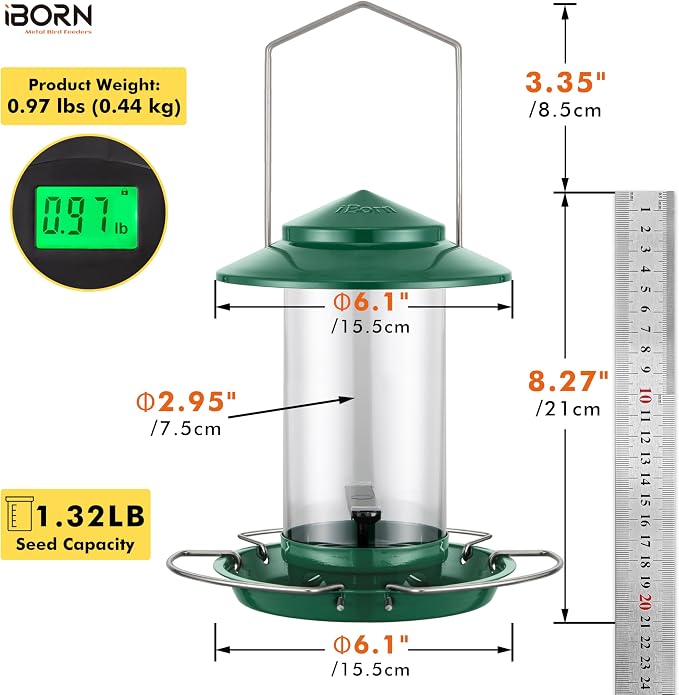 iBorn Bird Feeder Metal Squirrel Chew-Proof Bird Feeders for Outdoors Hanging for Cardinal Outside, Holds 1.32LB Seed with 3 Perchs, Green (Seed is not Included)