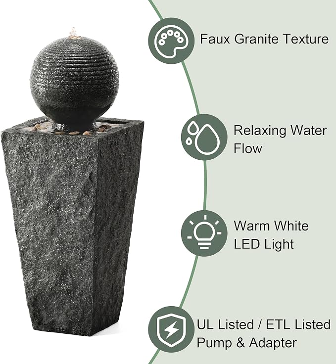 Glitzhome Water Fountain Outdoor with LED Light, Sphere Pedestal Outdoor Fountain, Modern Ball Waterfall Fountains Water Feature for Garden Patio Deck Porch, 31.7”H