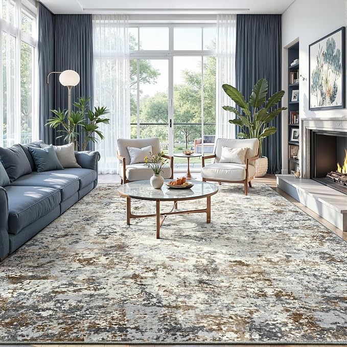 Toneed Washable 6x9 Area Rug with Non-Slip Backing for Living Room | Abstract Modern Rugs, Soft Low Pile Carpet for Bedroom Kitchen Dining Room Nursery Indoor Floor Home Decor, Brown Grey Gold