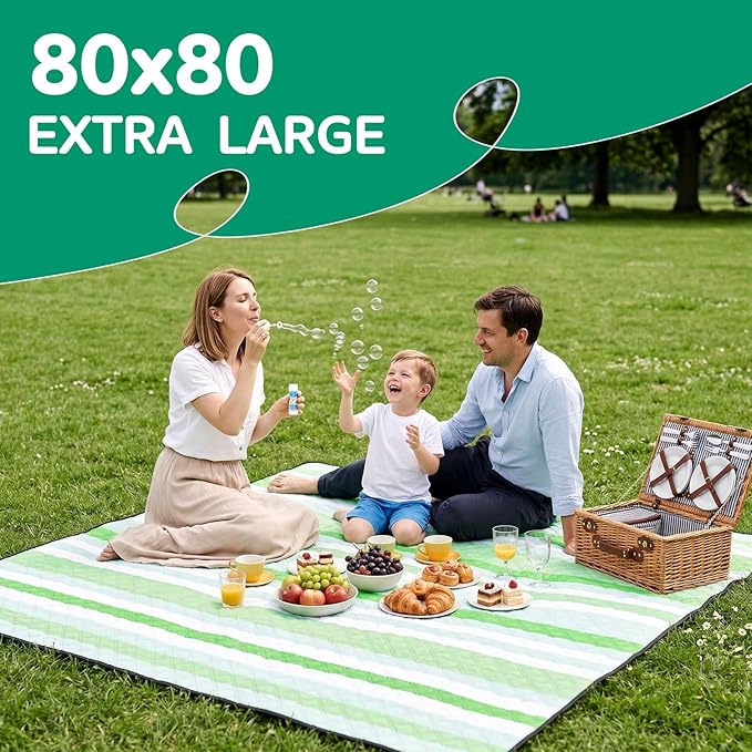 RYCHIC Waterproof Picnic Blanket Beach Mat Outdoor Outside Carpet Thick Rug Towel Kids Activity Playmat Oversized Cute Match Table Bag Basket Set Ground Cover Park Lawn Summer Vacation Essential