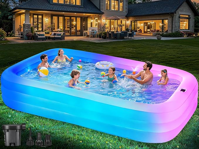 Large Inflatable Pool for Adults,130" x 72" x 22" Thickened Blow Up Pool with Lights & Pump, 7 Color Changed Durable Above Ground Family Swimming Pool for Backyard Outdoor Garden