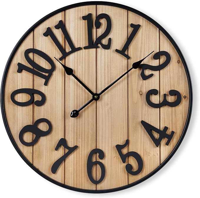 Large Wall Clock 16IN, Silent Metal Wood Style Wall Clocks Battery Operated for Living Room Decor, Farmhouse Big wall Clock, Outdoor