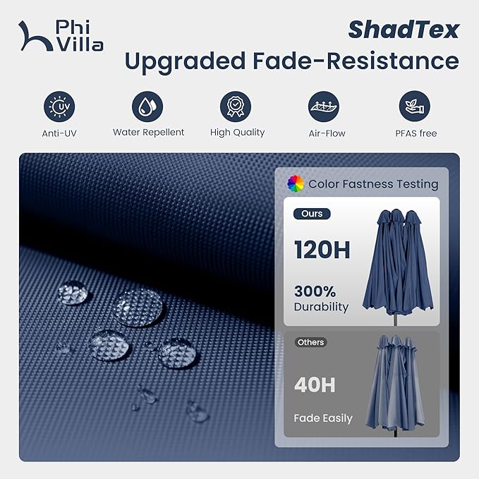 PHI VILLA 13ft Patio Umbrella with Solar-Powered 120 PCS LED Color-Changing Lights, Triple-Head Large Rectangle Umbrella Outdoor Patio for Table with Crank Lift,Navy Blue(No Base)