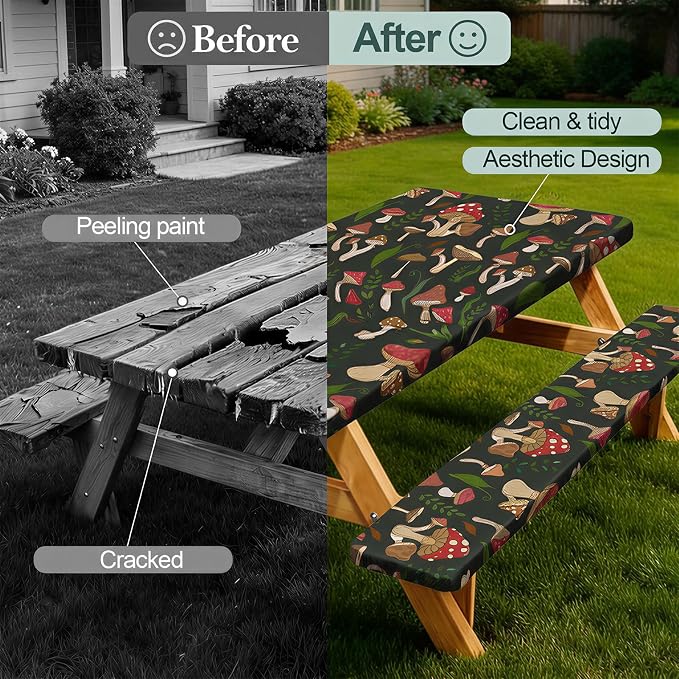 Play Tailor Picnic Table Cover with Bench Covers Camping Essentials Waterproof Windproof Camping Tablecloth with Drawstring Bag, Fitted Rectangle Tables and Seats, 72in, Black Red