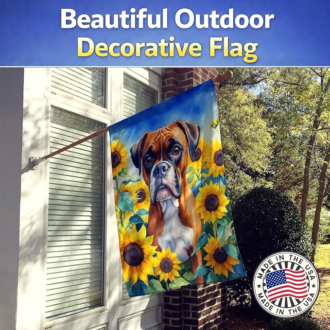 Caroline's Treasures DAC6037CHF Boxer in Sunflowers House Flag Large Porch Sleeve Pole Decorative Outside Yard Banner Artwork Wall Hanging, Polyester, House Size, Multicolor