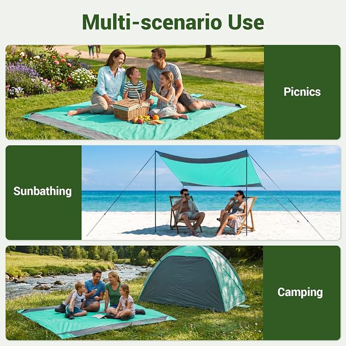 Wolfwise 78" × 81" XXL Beach Blanket, Waterproof & Sandproof Picnic Mat with 4 Sand Pockets & 4 Stakes, Windproof Outdoor Camping Beach Mat, Lightweight, Fits 4 People, Pink