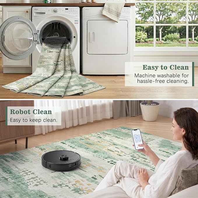 DCX Washable Abstract Area Rug 7x9, Non Slip Low Pile Rug, Sage Green | Easy to clean, non-shedding, soft, kid & pet friendly, with a non-slip rubber backing for living rooms, bedrooms, and offices