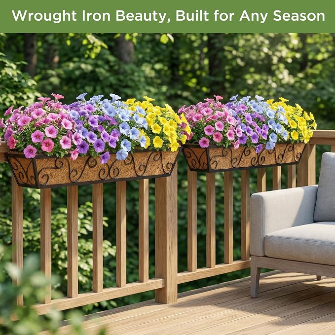 2PCS 30 Inch Railing Planter with Adjustable Brackets, Window Box with Coco Liner, Hanging Flower Box for Balcony Deck Fence, Metal, Black
