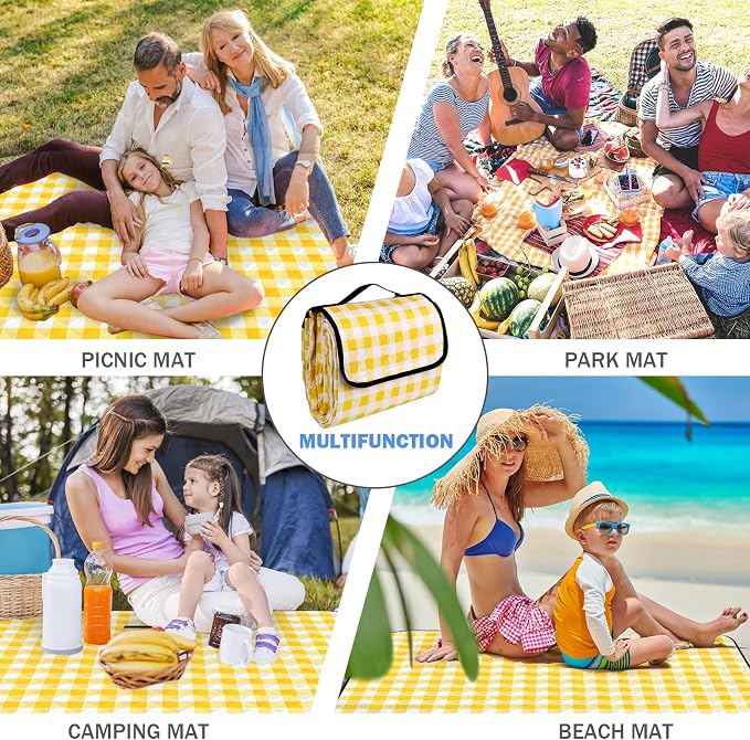 Wapodeai Outdoor Picnic Blanket, 60''x 80'' Waterproof Camping Blanket | Durable and Spacious, Foldable and Portable for Families, Perfect for Hiking/Beach/Park, and Nature Excursions(Yellow)